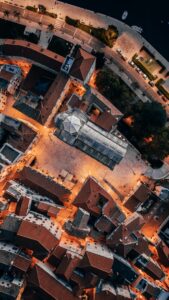 An aerial view of a city at night