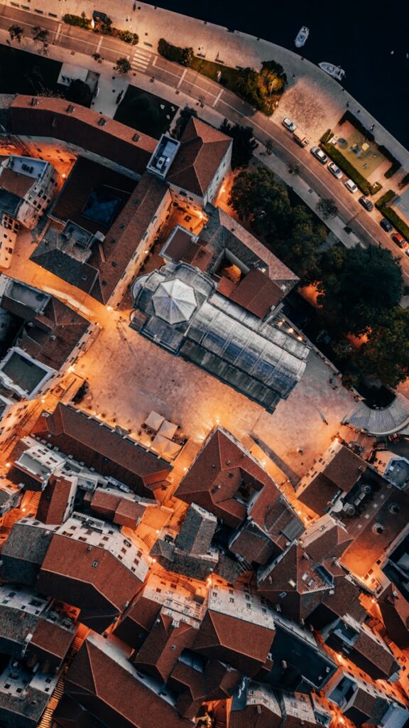An aerial view of a city at night
